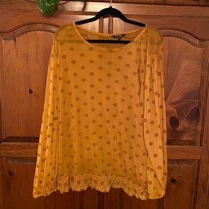 George Mustard Yellow Long Sleeve Top, sheer top with long sleeves, polka dot